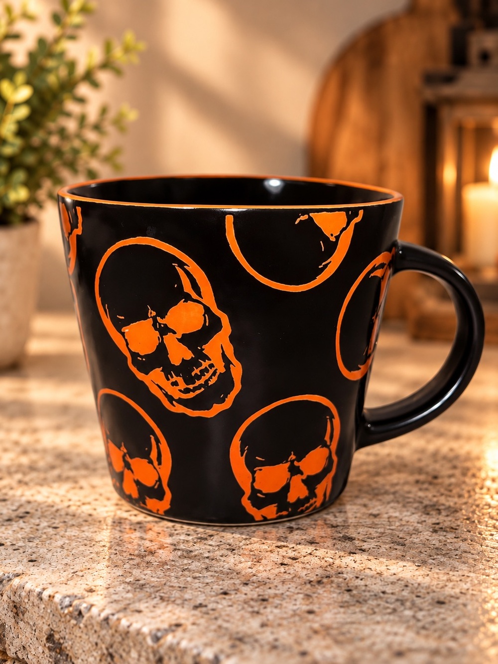 Halloween Skull Coffee Mug Ceramic Black Orange 17 Oz Spooky Gothic Primo Design